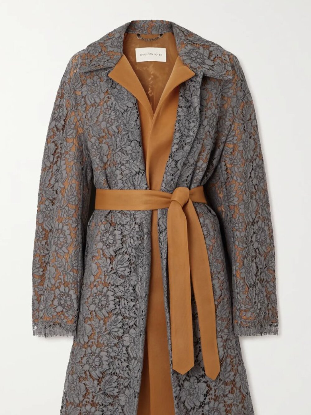 Dries Van Noten Belted Guipure Lace and Crepe Coat